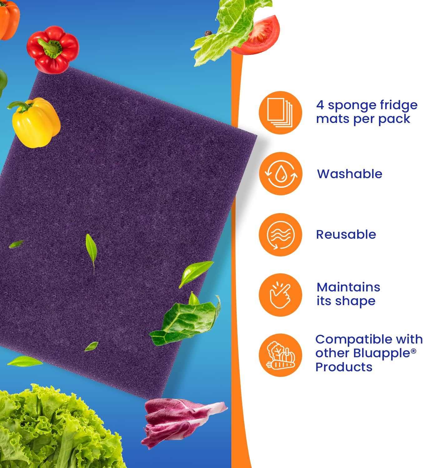 Bluapple FreshMats - Refrigerator Bin Liners, Fridge Drawer Mats - Keeps Produce Fresh Longer, Prevents Bruising, Promotes Air Circulation - BPA-Free Polyurethane Foam - (4-Piece Set, 12"x15", Green)