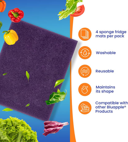 Bluapple FreshMats - Refrigerator Bin Liners, Fridge Drawer Mats - Keeps Produce Fresh Longer, Prevents Bruising, Promotes Air Circulation - BPA-Free Polyurethane Foam - (4-Piece Set, 12"x15", Green)