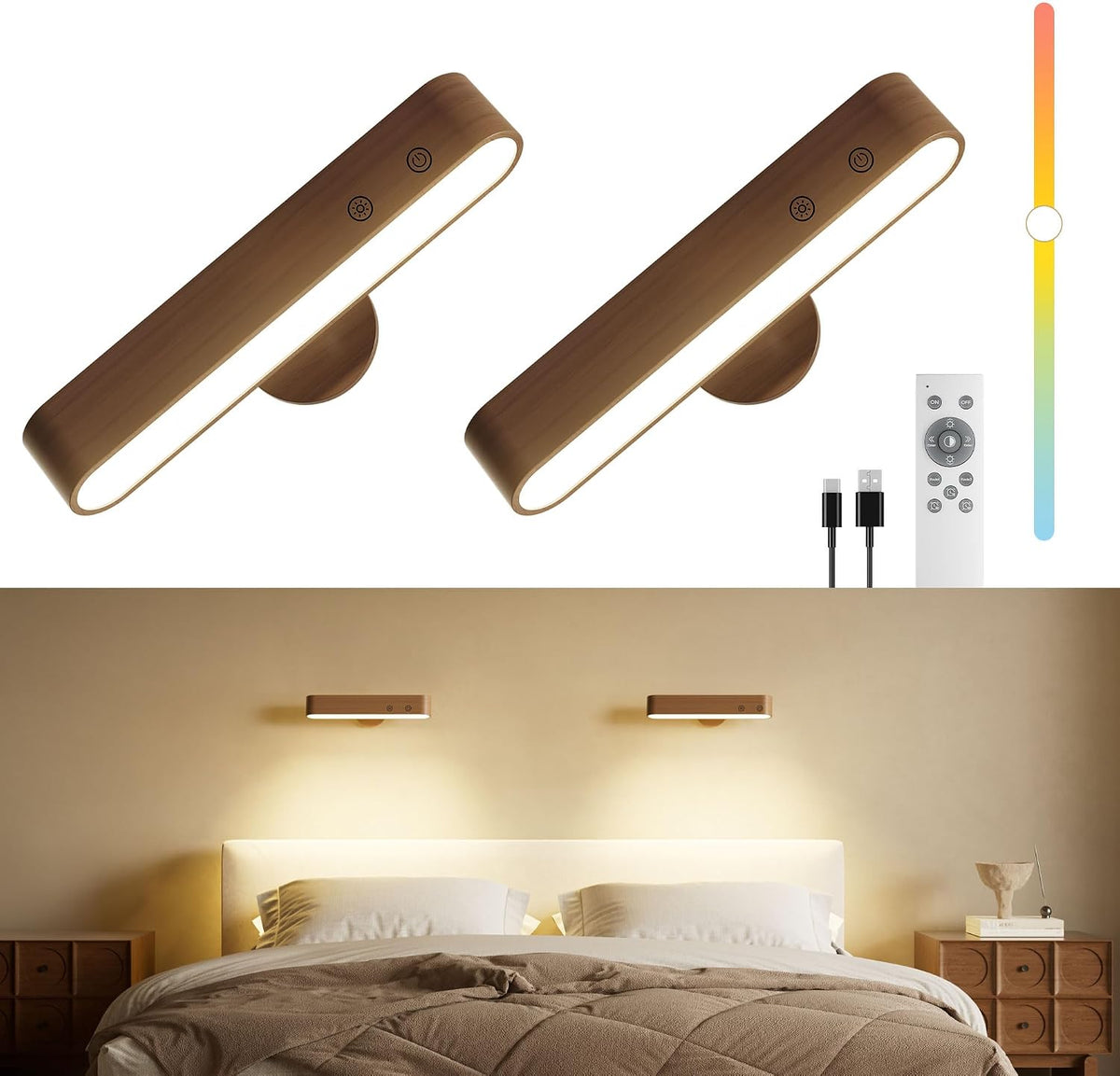 PopoIron Rechargeable LED Wall Sconces Set of Two,Wall Lights for Bedroom with Remote Control and Touch,360° Magnetic Rotation,3 Colors Dimmable Brightness Wood Wall Lamps with 15 RGB Colors,2 Pack
