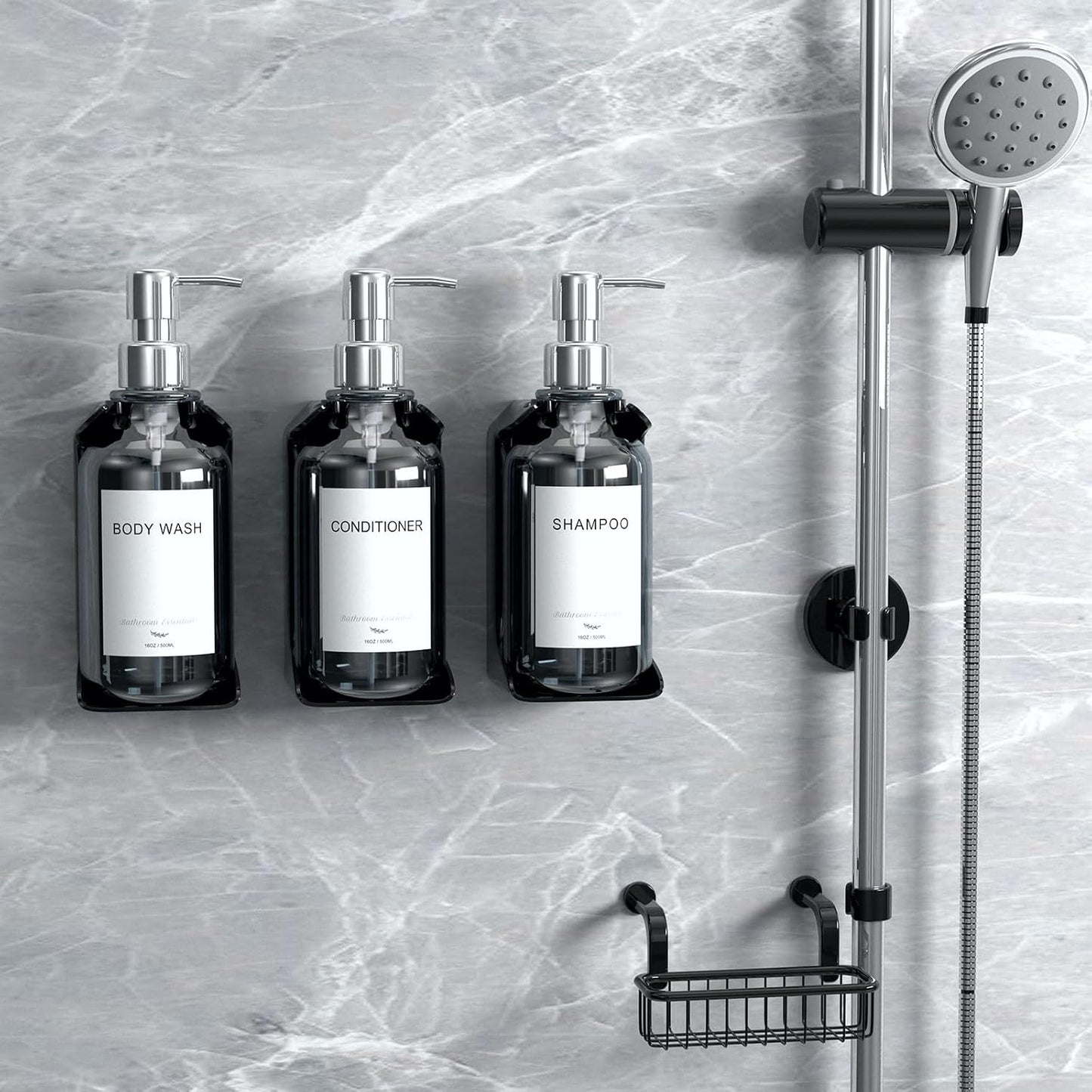 Modern Shampoo and Conditioner Dispenser - Shower Soap Dispenser Wall Mounted - 3-Pack 16 oz Plastic Amber Bottles with Black Pumps - Stylish Shampoo Dispenser, Shower Dispenser 3 Chamber No Drill