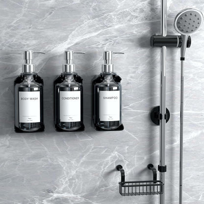 Modern Shampoo and Conditioner Dispenser - Shower Soap Dispenser Wall Mounted - 3-Pack 16 oz Plastic Amber Bottles with Black Pumps - Stylish Shampoo Dispenser, Shower Dispenser 3 Chamber No Drill