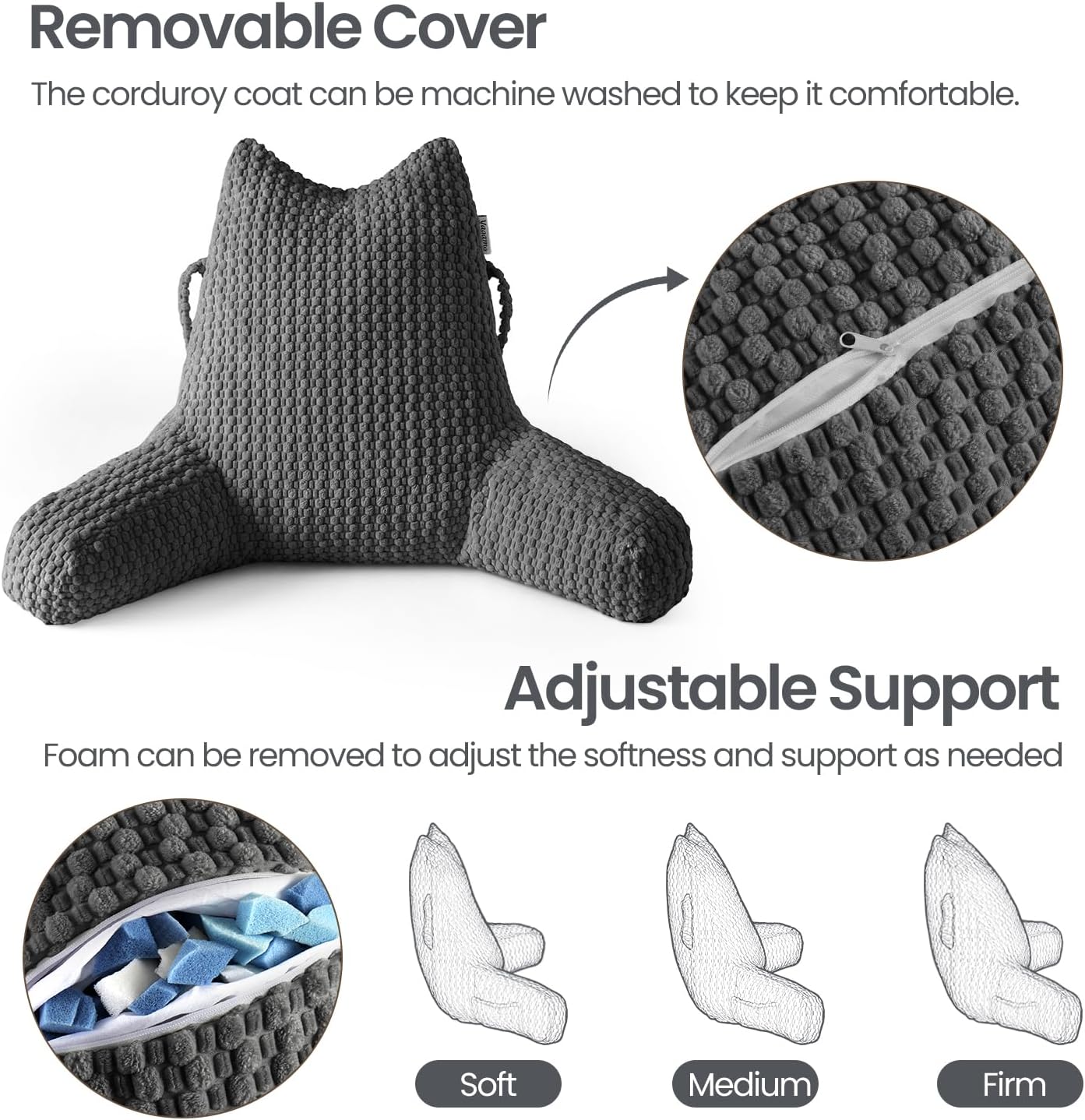 Standard Reading Pillow for Bed Sitting Up, Backrest Pillow with Shredded Memory Foam Filling, Back Support Cushion, Bed Rest Pillow with Arms, Pockets and Washable Cover-Grey