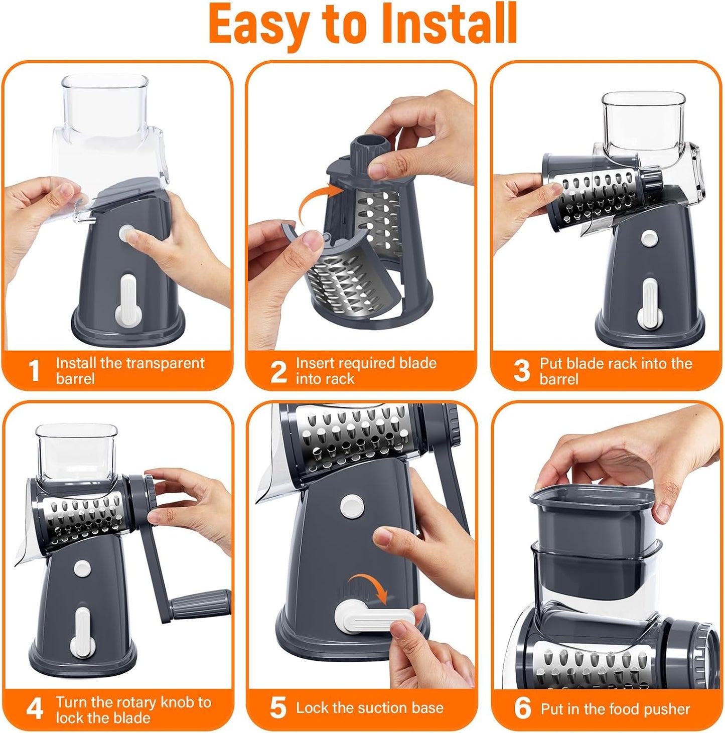 Rotary Cheese Grater Hand Crank with 5 Interchangeable Blades, Vegetable Slicer Chopper for Fruit Vegetable Nuts, Mandoline Slicer for Kitchen with Blades Rack & Suction Base, White