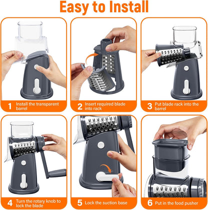 Rotary Cheese Grater Hand Crank with 5 Interchangeable Blades, Vegetable Slicer Chopper for Fruit Vegetable Nuts, Mandoline Slicer for Kitchen with Blades Rack & Suction Base, White