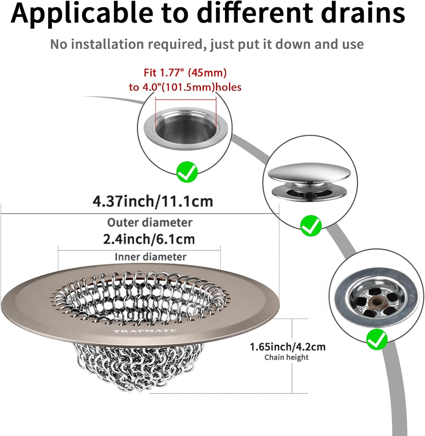 TRAPMATE Shower Drain Hair Catcher, 4.4" Anti-Clogging Bathtub Drain Cover | Easy Flip Cleaning, Traps Hair with Fast Drainage, Anti-Slip Drain Protector Fits Regular & Pop-up Drains (Patented Product)