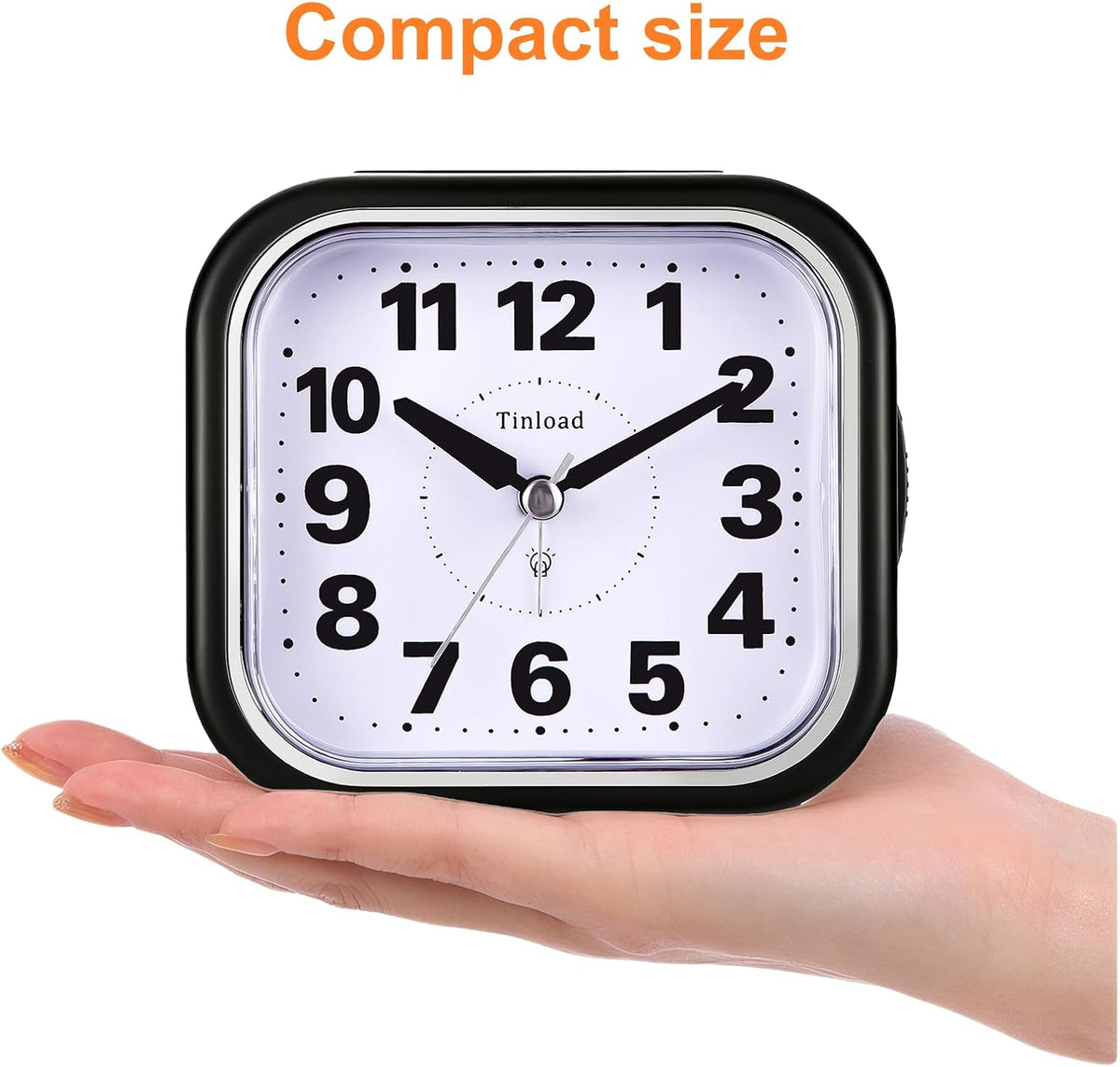 Tinload 4.3" No Ticking Analog Alarm Clock,Silent Readable for Seniors,Easy to Set,Gradual Rise Alarm,Big Numbers,On/Off Switch on Side,Gentle Wake,Snooze,Lighted on Demand,Battery Operated,Black