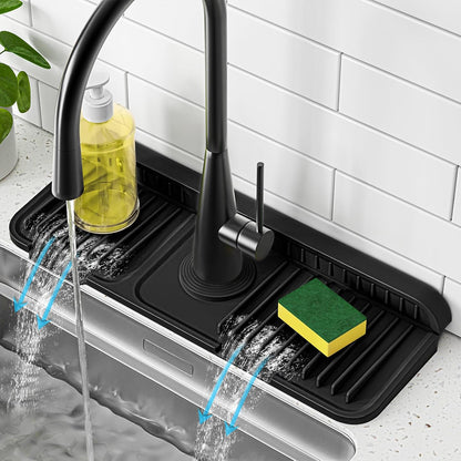 PoYang 24 Inch Faucet Mat for Kitchen Sink Splash Guard, Silicone, Black | Sink Protectors with 7° Slope for Smooth Drainage, Snap Button Holds It in Place, 90° Foldable & Cuttable Hole Fit Most Sinks