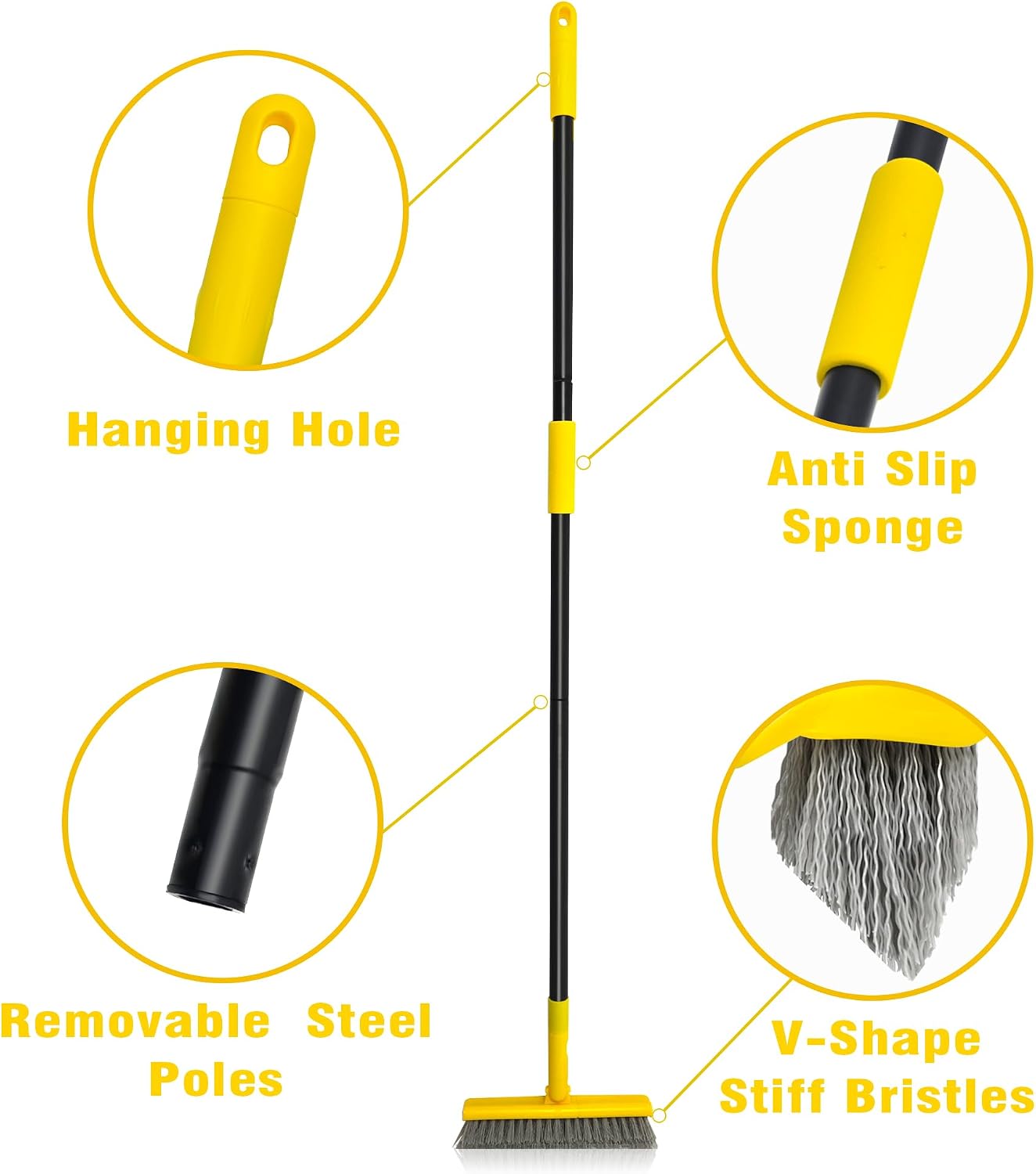 2 in 1 Grout Brush with 49.6" Long Handle, Swivel Grout Cleaning Brush V-Shape Grout Line Scrubber, 180°Rotatable Shower Tile Scrub with Stiff Bristle for Deep Cleaning Shower and Corner