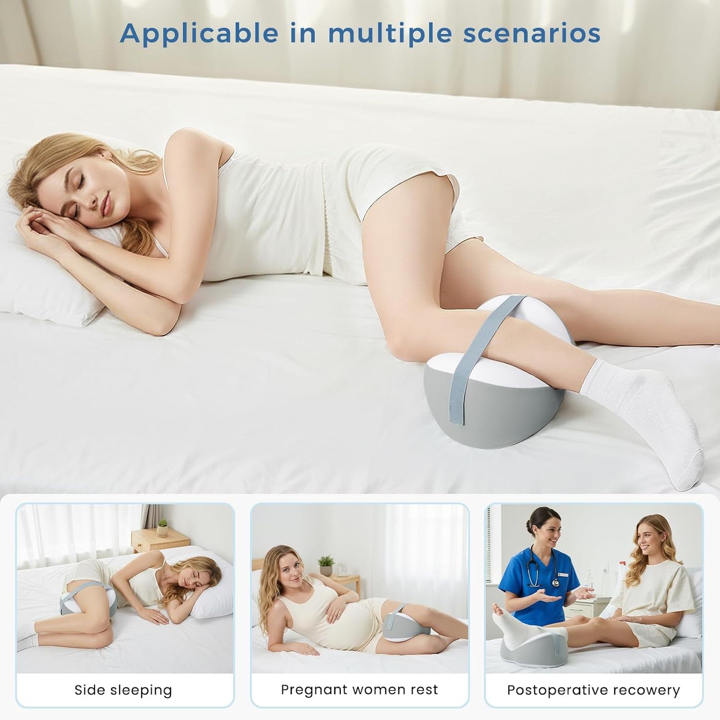 Knee Pillow for Side Sleepers, Leg Pillow with Adjustable Hook & Loop Strap & Removable Washable Cover for Spine Alignment, Sciatica, Hip & Back Pain Relief
