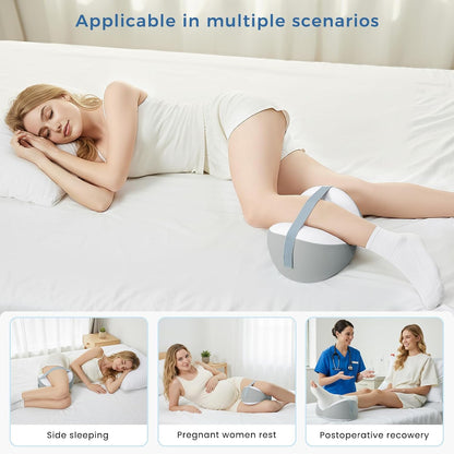 Knee Pillow for Side Sleepers, Leg Pillow with Adjustable Hook & Loop Strap & Removable Washable Cover for Spine Alignment, Sciatica, Hip & Back Pain Relief