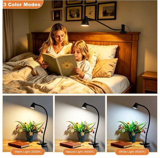 LED Clip Light 3 Color 10 Brightness Dimmable Clamp Desk Lamp Black