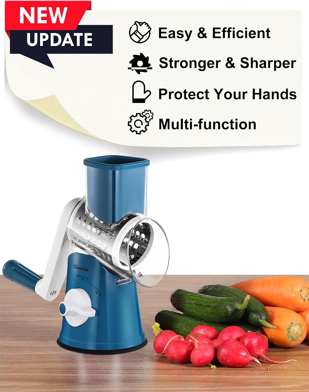 Geedel Rotary Cheese Grater, Kitchen Mandoline Vegetable Slicer with 3 Interchangeable Blades, Easy to Clean Rotary Grater Slicer for Fruit, Vegetables, Nuts | 3 Blades, 430 Stainless Steel, 12x Fast Cutting, Strong Suction Base, No BPA, Dishwasher Safe,