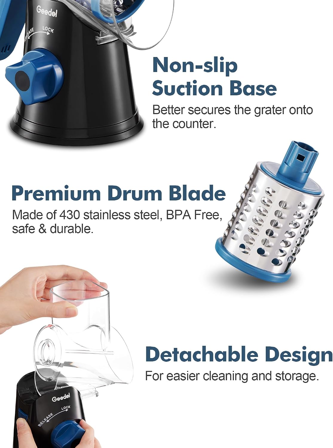 Geedel Rotary Cheese Grater, Kitchen Mandoline Vegetable Slicer with 3 Interchangeable Blades, Easy to Clean Rotary Grater Slicer for Fruit, Vegetables, Nuts | 3 Blades, 430 Stainless Steel, 12x Fast Cutting, Strong Suction Base, No BPA, Dishwasher Safe,