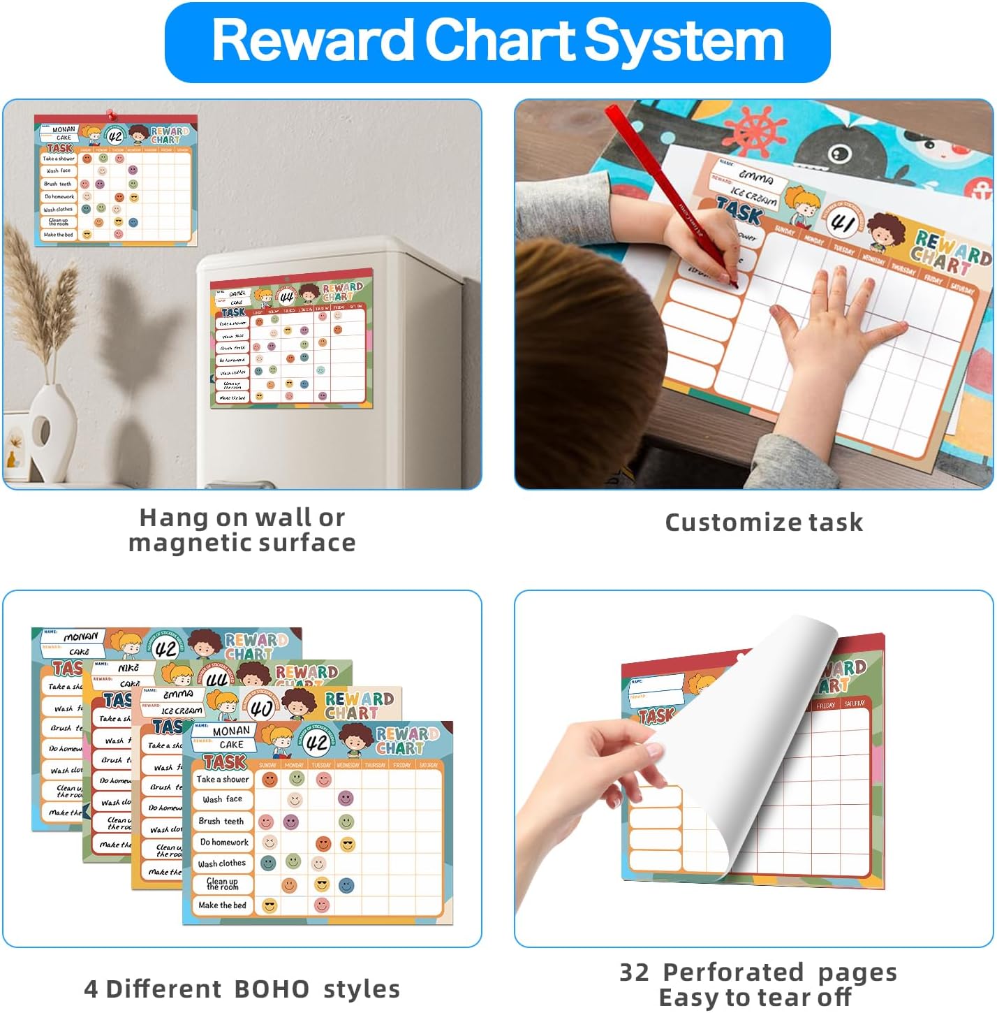 ANSTROUT Boho 32 Chore Charts Behavior Reward Chart System,Sticker Chore Chart Pad for Students with 2328 Stickers, 12.2" x 9.8" Magnetic Reward Chart to Develop Responsibility & Good Habits.