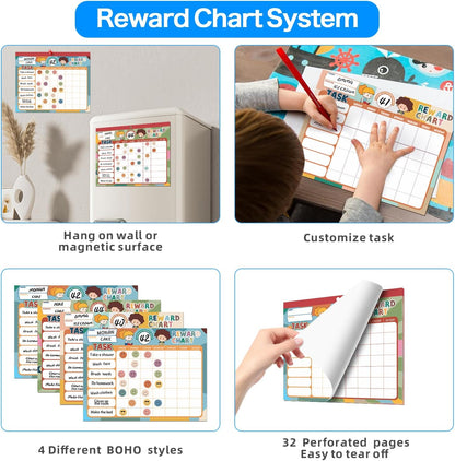 ANSTROUT Boho 32 Chore Charts Behavior Reward Chart System,Sticker Chore Chart Pad for Students with 2328 Stickers, 12.2" x 9.8" Magnetic Reward Chart to Develop Responsibility & Good Habits.