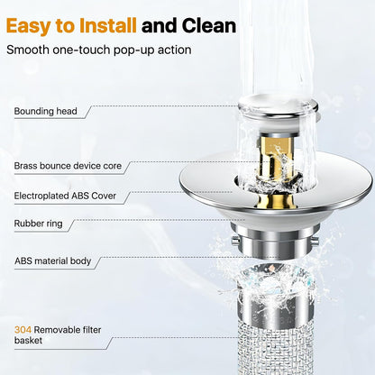 2PCS Bathroom Sink Stopper Hair Catcher, Pop Up Sink Drain Stopper with Strainer & Filter, Universal Drain Plug for Sink Drain & Replacement, Sink Drain Cover with Basket for Bathroom Stopper