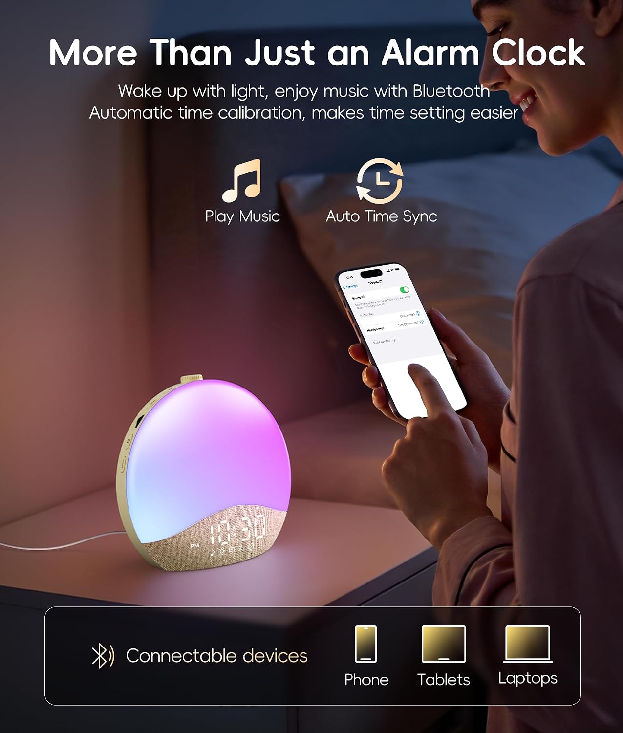 ecozy Sunrise Alarm Clock for Bedroom, White Noise Sound Machine | 26 Soothing Sounds, 17 Night Lights, Bluetooth Speaker, Wake Up Sunlight for Heavy Sleepers, Adults, Kids - Natural