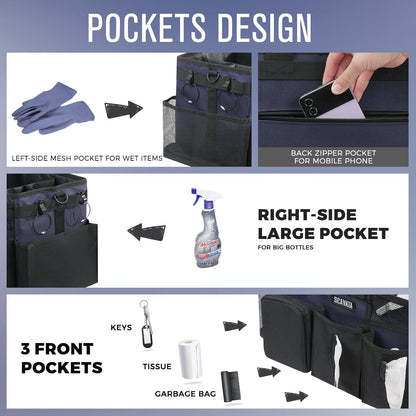 SCAVATA Wearable Cleaning Caddy Bag, Cleaning Caddy Supplies Organizer with Handle & Shoulder Straps for Housekeepers, Under Sink & Car Cleaning Tool Organizers with 4 Foldable Divider (Lake Blue)