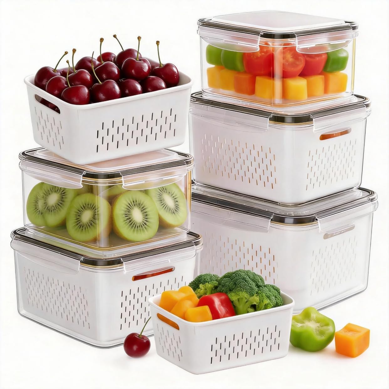 HOMETALL 4 Pack Fruit Storage Containers for Fridge Set, Produce Containers for Fridge with Strainer, Plastic Reusable Fridge Organizers and Storage for Berry Salad Lettuce, Size 3.4, 1.8, 0.9, 0.4QT