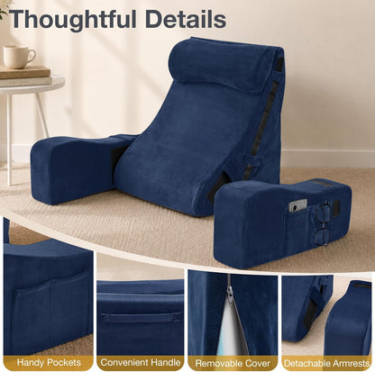 Sasttie 15-25 inch Adjustable Reading Pillow with Armrests, Dark Grey | Back Rest Pillow with Secure Side Straps, Memory Foam Back Support Cushion Bed Chair for Reading, Gaming & Relaxing