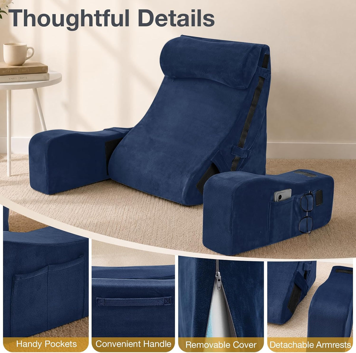 Sasttie 15-25 inch Adjustable Reading Pillow with Armrests, Dark Grey