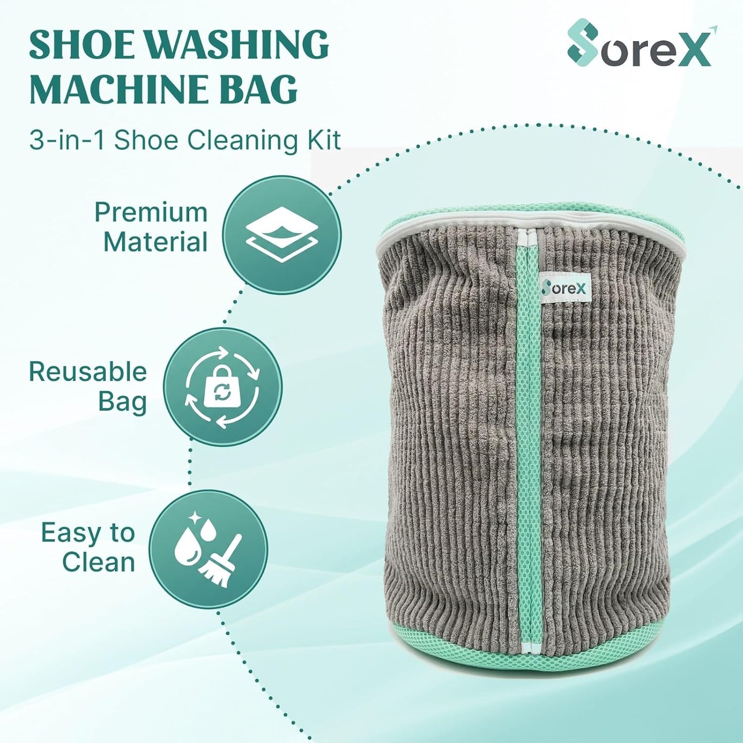 Shoe Washing Machine Bag with Zippered Pocket | Durable Mesh Sneaker Laundry Bag with 2 Laundry Balls & Shoe Washing Brush, Heavy Duty Zipper, No Color Transfer (White)
