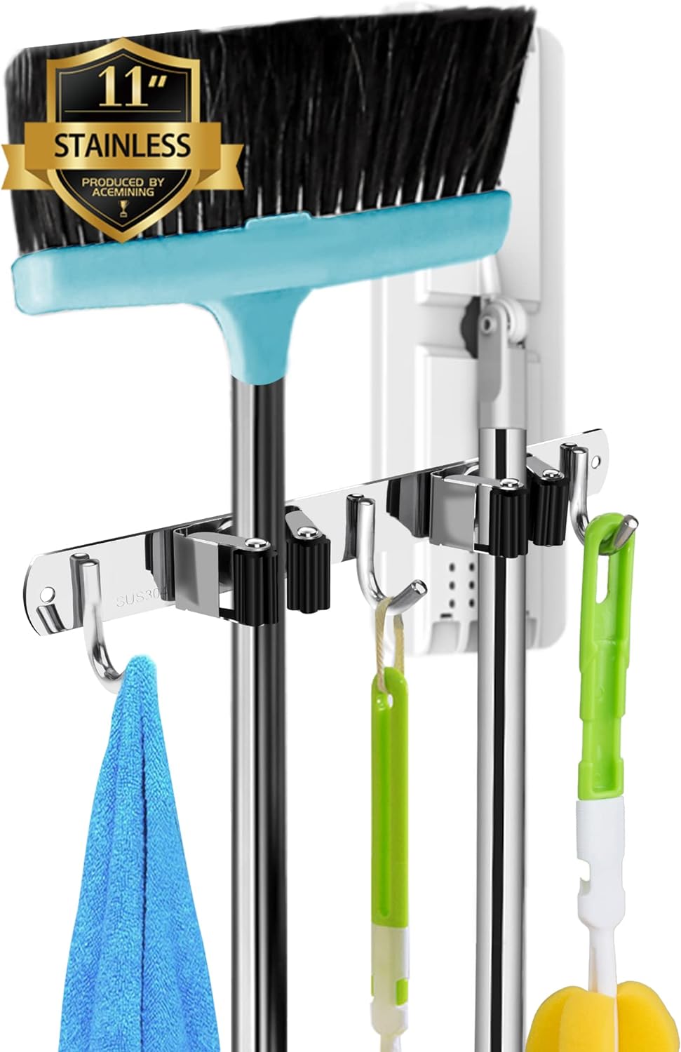 AceMining Broom Holder Wall Mount, 5 Racks 4 Hooks Heavy Duty Mop Organizer | Mop Holder Wall Mount and Broom Hanger for Garage, Laundry Room, Kitchen and Utility Storage