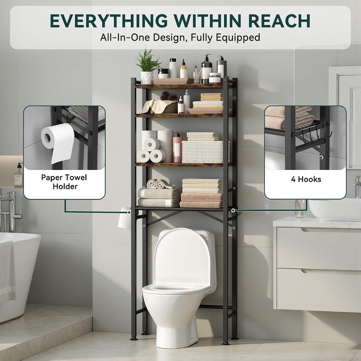 GloTika 3-Tier Over Toilet Storage, Anti-Tilt, 64" H, Black | Anti-Tilt Safety System, 150lb Capacity, Carbon Steel, Freestanding, No Drilling, Anti-Rust Coating, Paper Holder & 4 Hooks