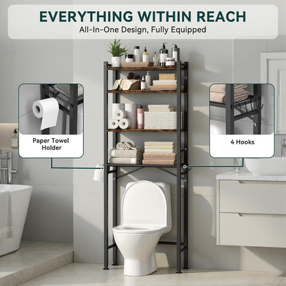 GloTika 3-Tier Over Toilet Storage, Anti-Tilt, 64" H, Black | Anti-Tilt Safety System, 150lb Capacity, Carbon Steel, Freestanding, No Drilling, Anti-Rust Coating, Paper Holder & 4 Hooks