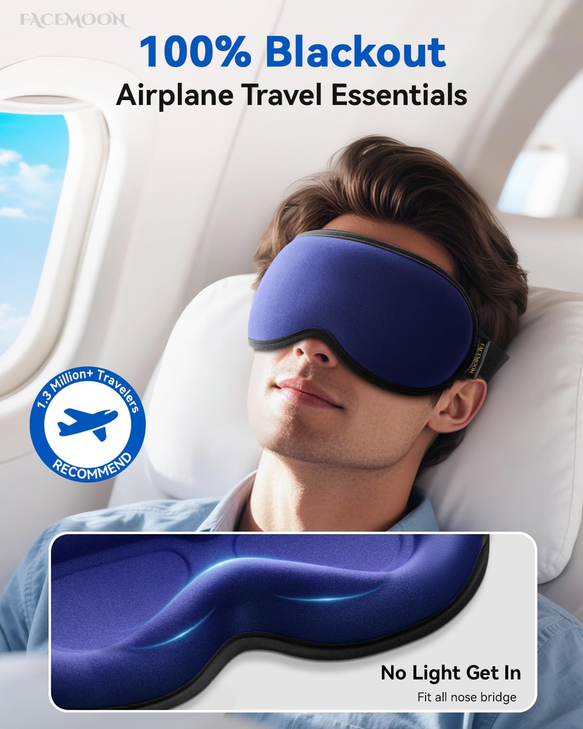 FACEMOON 3D Blackout Weighted Eye Mask for Sleep, Airplane Travel Essential | Long flights, road trips, gentle weighted comfort, deep cups, lash-friendly, adjustable strap, daytime naps for men & women