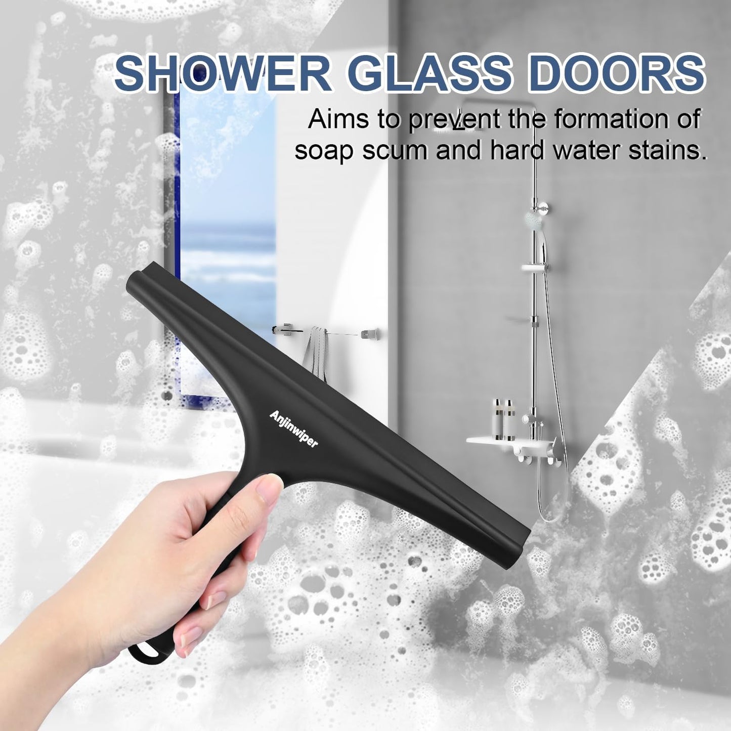 Shower Squeegee for Glass Doors, 10 Inch Bathroom Squeegee for Shower Glass | Streak Free No Squeak, Anti-Rust, All Purpose Glass Squeegee with Hook, Tile Walls, Mirror, Window, Car, Water & Soap Removal