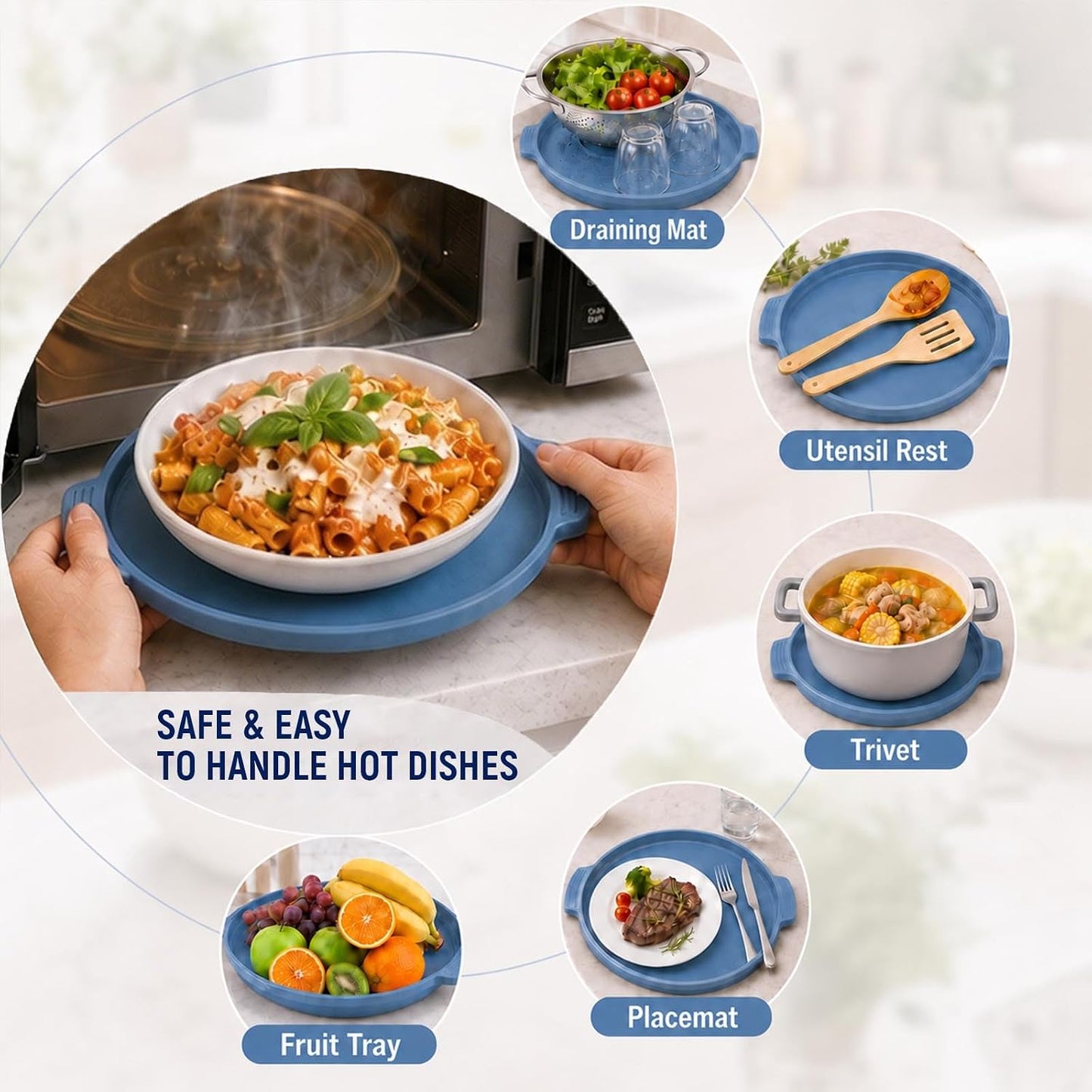Collapsible silicone splash guard with tray -Microwave Place Mat & Food Cover can be used as a draining basket for washing vegetables and fruits. Vented Collapsible lid & Silicone Kitchen mat（Blue）