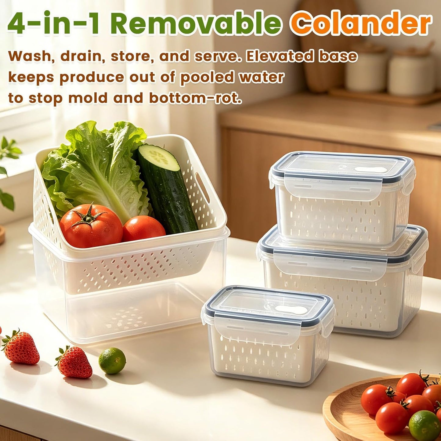 TBMax Fruit Storage Containers for Fridge Organizers and Storage, 4 Pack Large Produce Saver with Airtight Lid & Colander for Berry Lettuce Salad Vegetable Storage, Refrigerator Organizers
