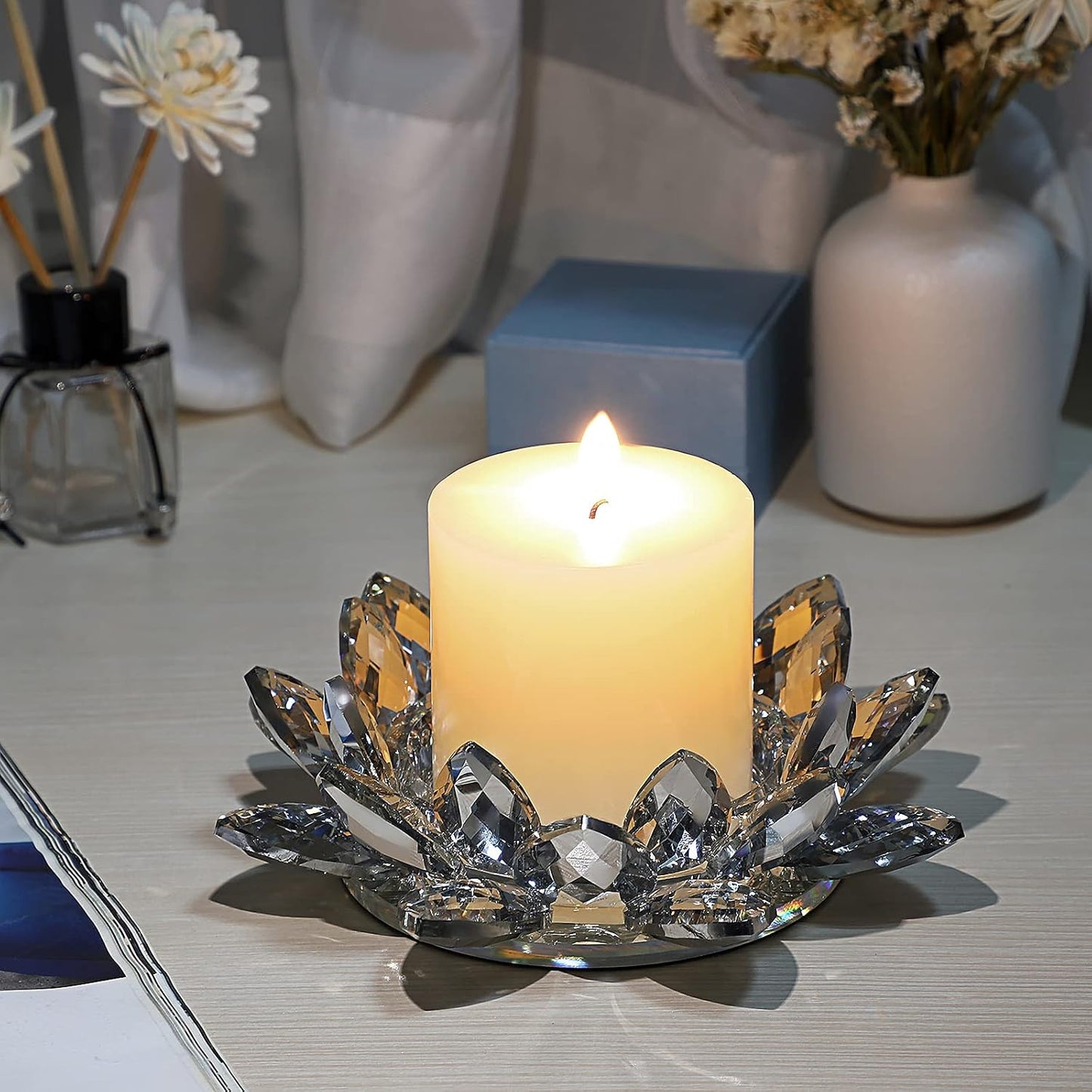 OwnMy Crystal Lotus Flower Candle Holder for Pillar Candles up to 3 Inch | Clear Lotus Flower Pillar Candle Holder Tea Light Holder, Glass Lotus Petal Votive Candle Stand for Wedding Party Home Decors