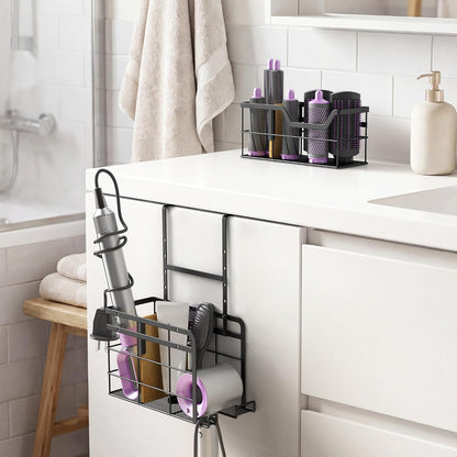 2 Pack Hair Tool Organizer - Hair Dryer Holder Wall Mounted/Cabinet Door - Adjustable Height Blow Dryer Holder - Curling Irons Storage with 2 Hooks (Black)