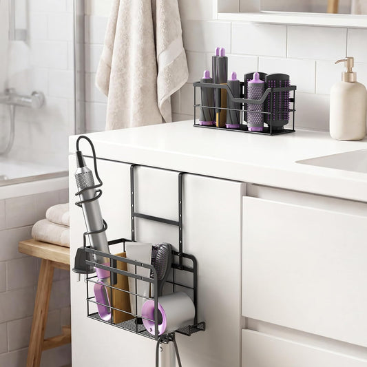 2 Pack Hair Tool Organizer - Hair Dryer Holder Wall Mounted/Cabinet Door - Adjustable Height Blow Dryer Holder - Curling Irons Storage with 2 Hooks (Black)