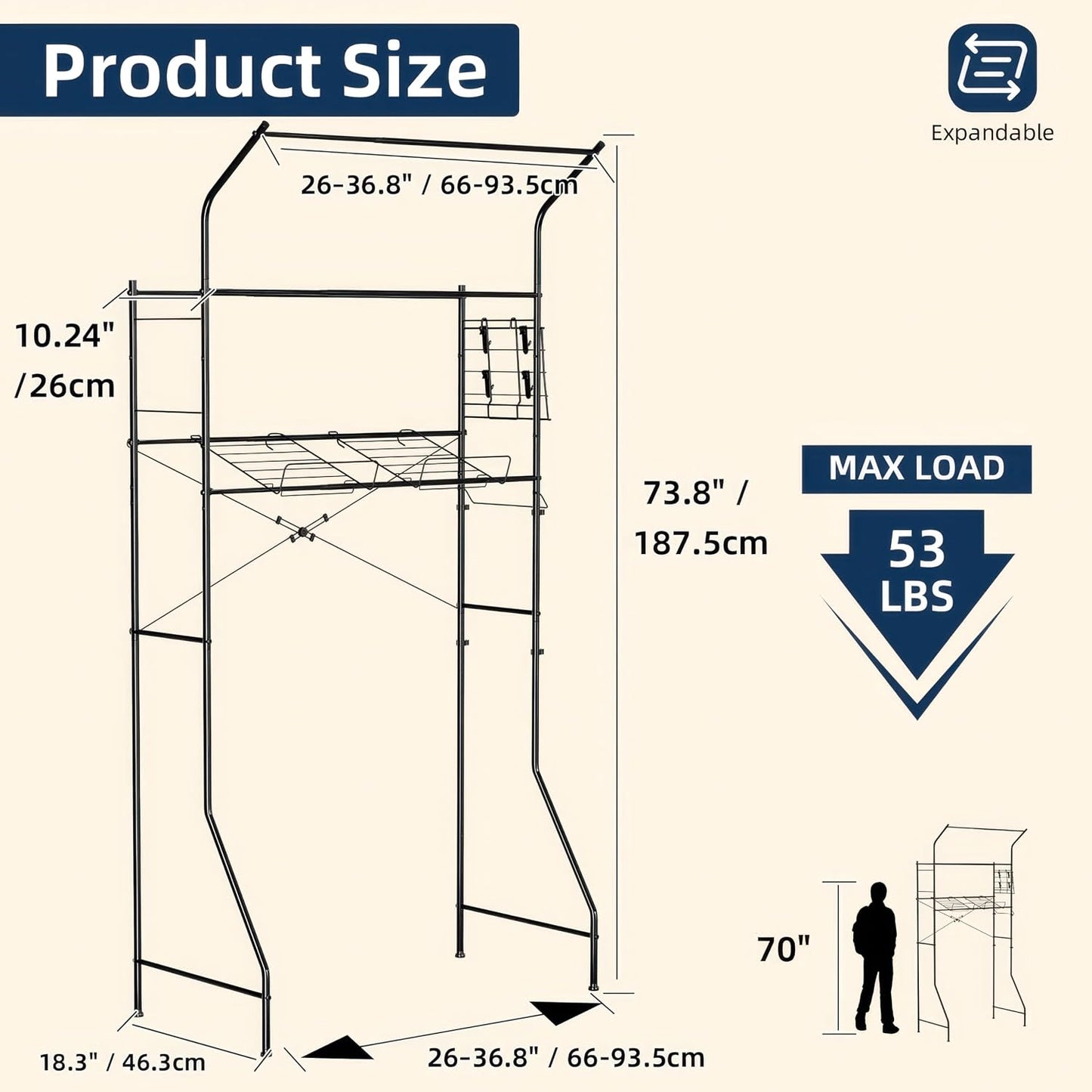 Laundry Room Storage Shelf & Organizer, 2 Tier Metal Over Washer and Dryer Shelves, Washing Machine Shelf with Hanger Rod, Expandable Bathroom Space Saver Shelf, 26–37" L x 15.8" W x 59.5" H, Black
