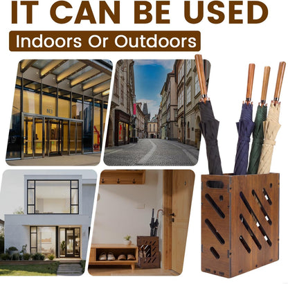 Faux Wood Umbrella Stand for Entryway, Free Standing Indoor Holder | Waterproof PVC cane rack and rain gear organizer with removable drip tray. Elegant decorative accent for home or lobby.