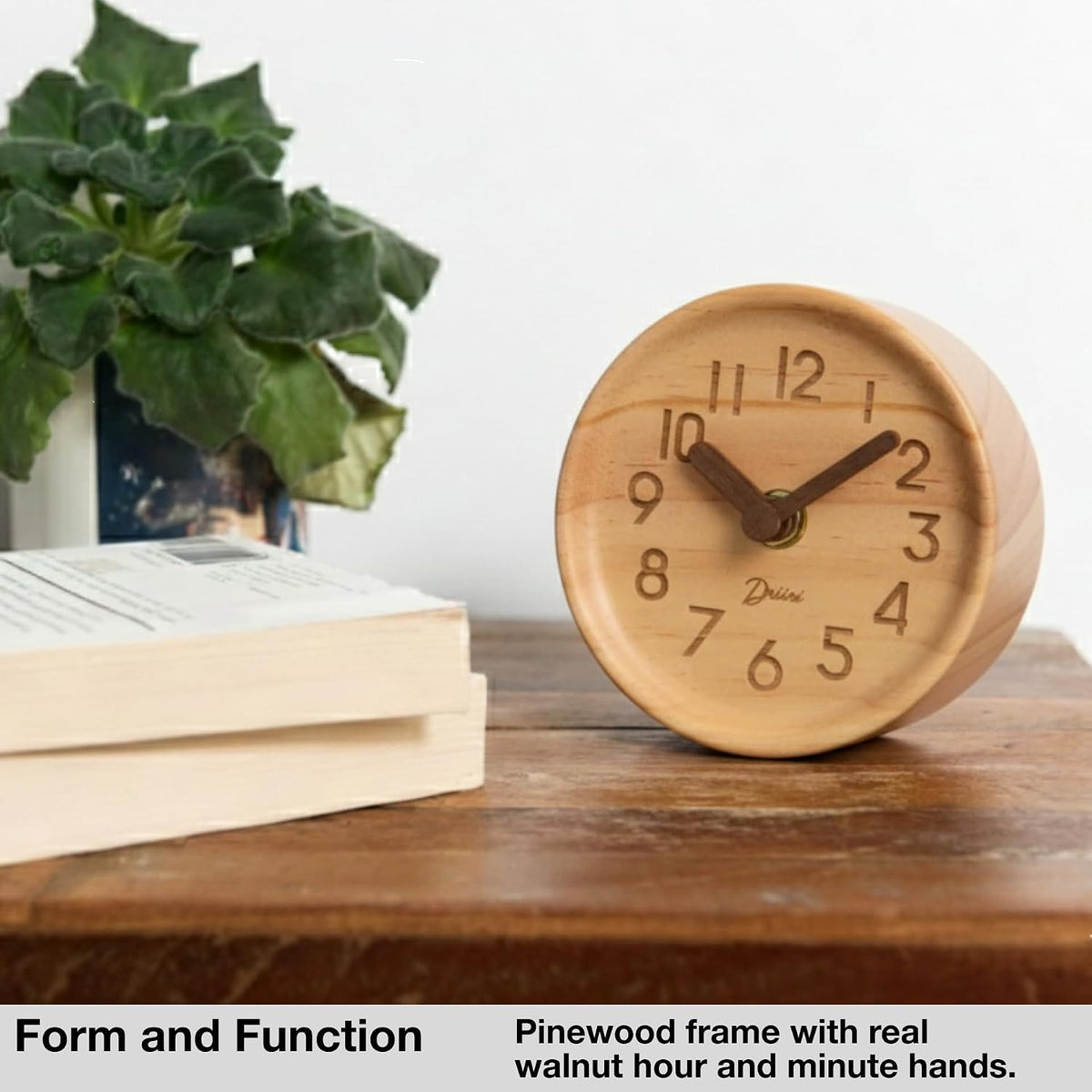 Driini Small, Silent Wooden Analog Desk Clock for Shelf or Table, Dark