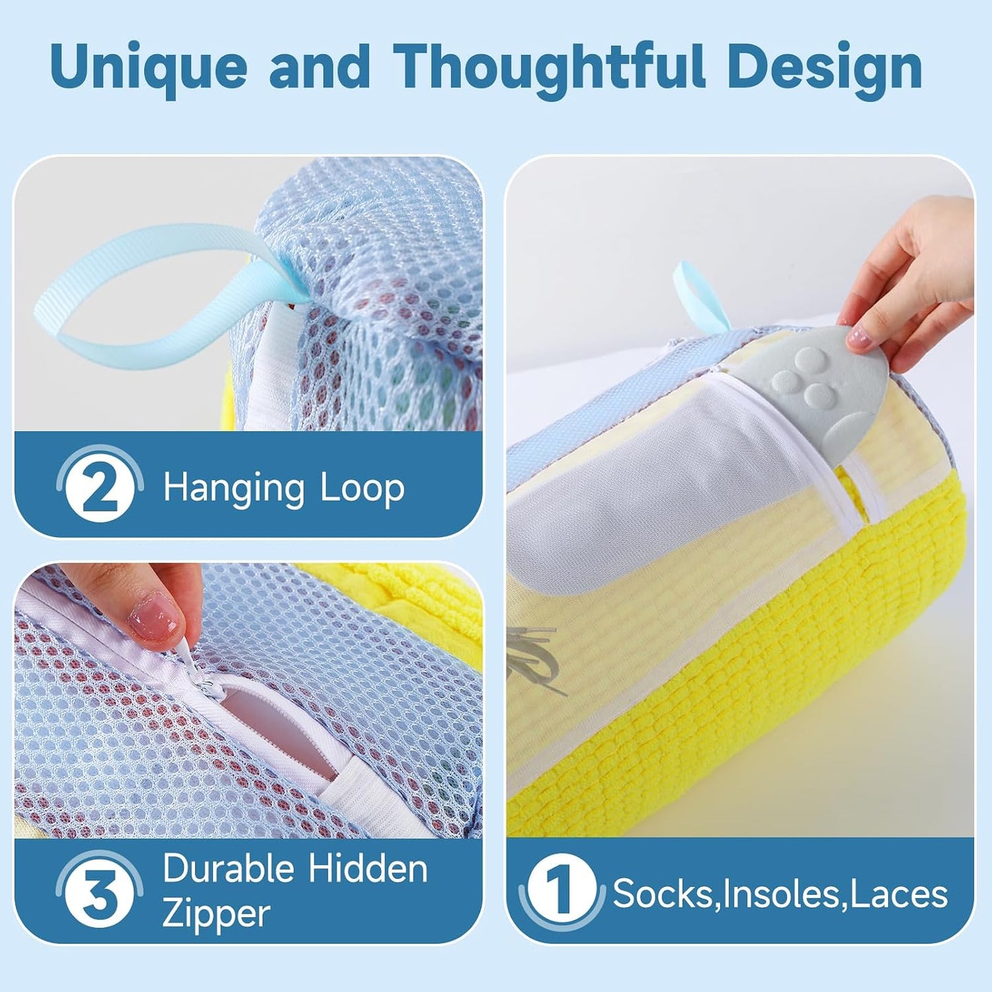 2PCS XXL Shoe Washing Machine Bag with Adjustable Shoes Trees - Heavy Duty Reusable Shoe Laundry Bag for Washer and Dryer - 360° Deep Clean & Protect Chenille Microfiber Sneakers Wash Bags - White