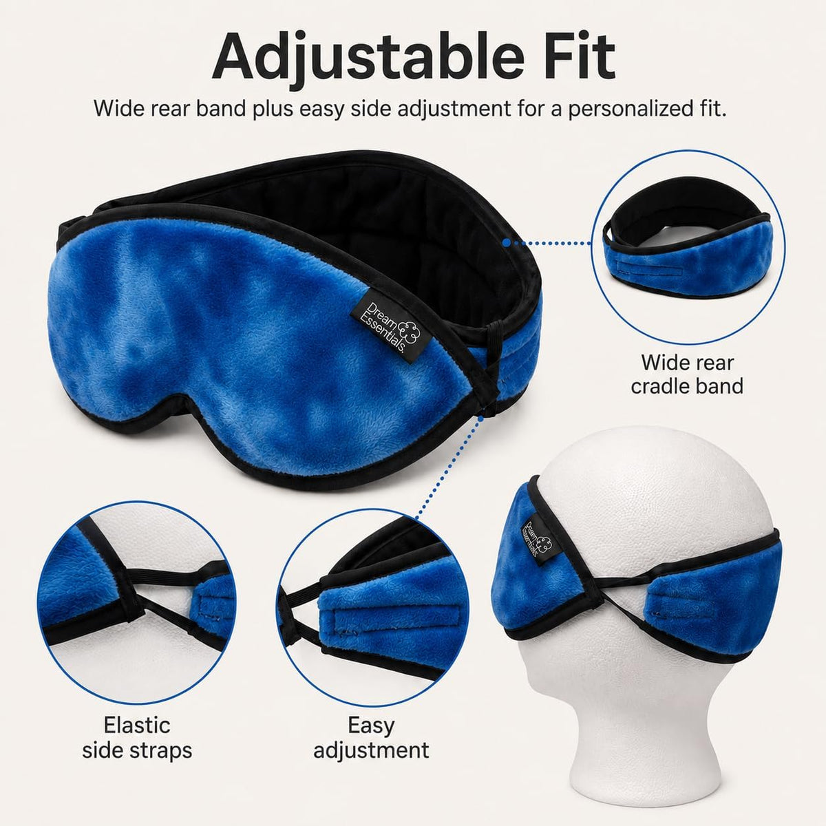 Dream Essentials Utopia Blackout Sleep Mask with Wide Cradle Band, Adjustable Plush Eye Mask for Side Sleepers, Flexible Nose Bridge, Handmade in USA, Travel & Naps