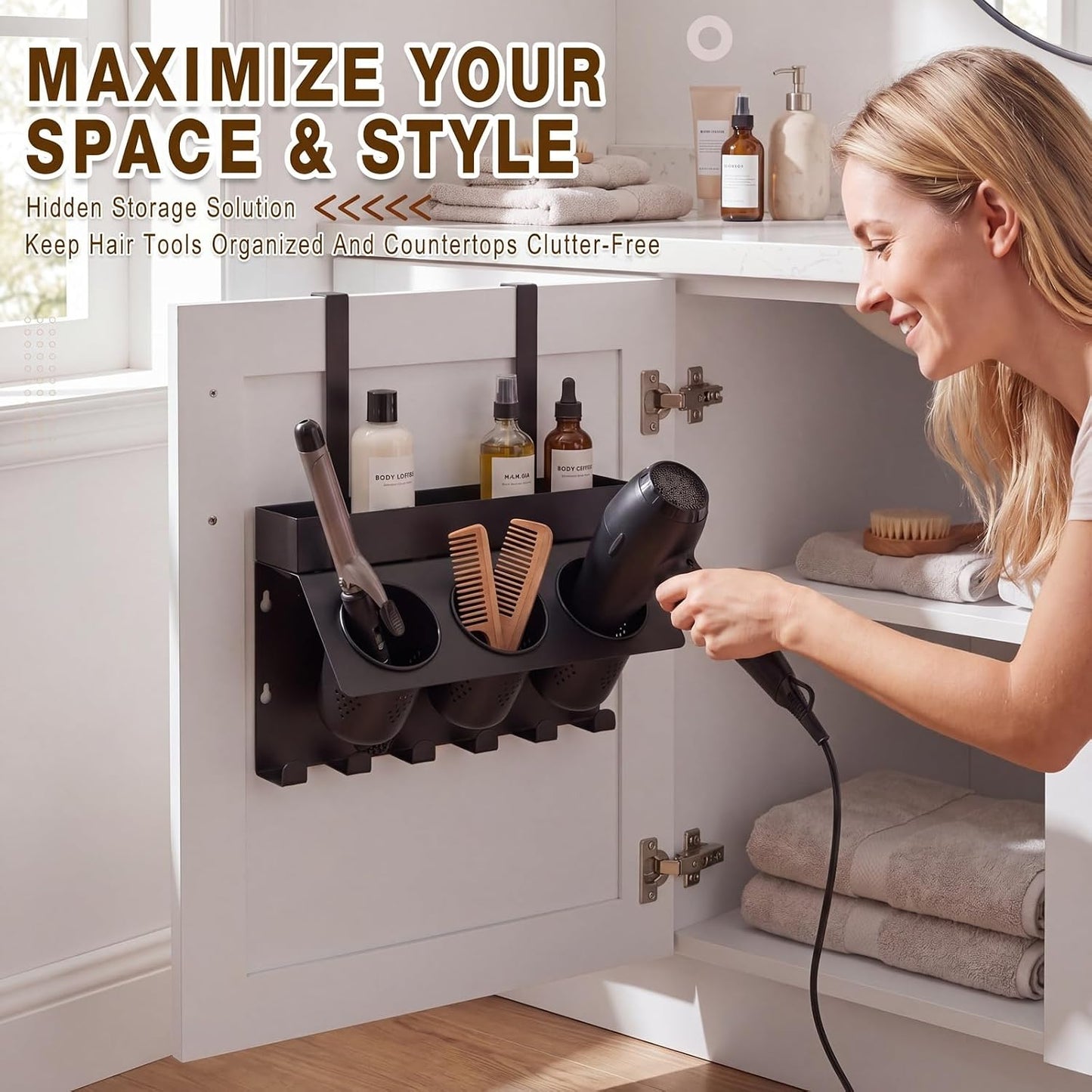 Hair Tool Organizer Wall Mount Hair Dryer Holder for Cabinet Door | 6 Hooks Adjustable Height 3-in-1 Blow Dryer Holder for Bathroom Storage Heat Resistant Styling for Flat Iron Curling Iron
