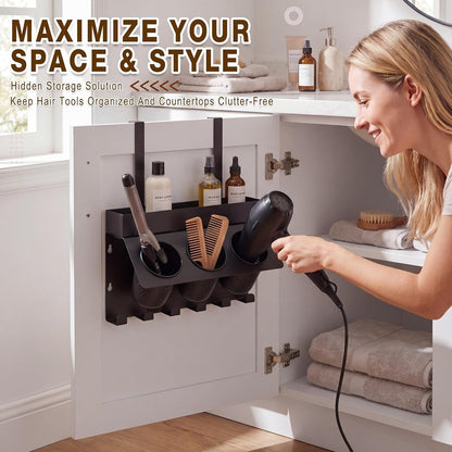 Hair Tool Organizer Wall Mount Hair Dryer Holder for Cabinet Door | 6 Hooks Adjustable Height 3-in-1 Blow Dryer Holder for Bathroom Storage Heat Resistant Styling for Flat Iron Curling Iron