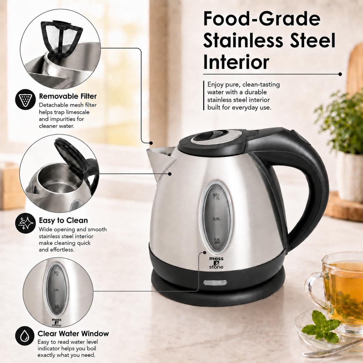Moss & Stone Red Stainless Steel Electric Kettle, 1.2L Cordless 1500W | Small, portable hot water tea kettle, fast boiling pot, boil-dry protection, auto shut-off, blue Illuminate LED light