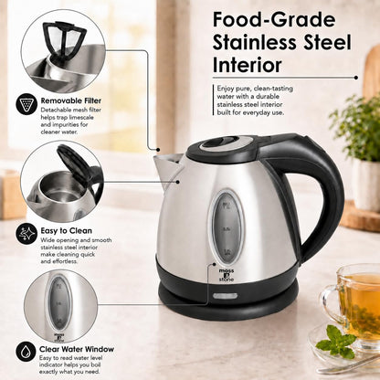 Moss & Stone Red Stainless Steel Electric Kettle, 1.2L Cordless 1500W | Small, portable hot water tea kettle, fast boiling pot, boil-dry protection, auto shut-off, blue Illuminate LED light