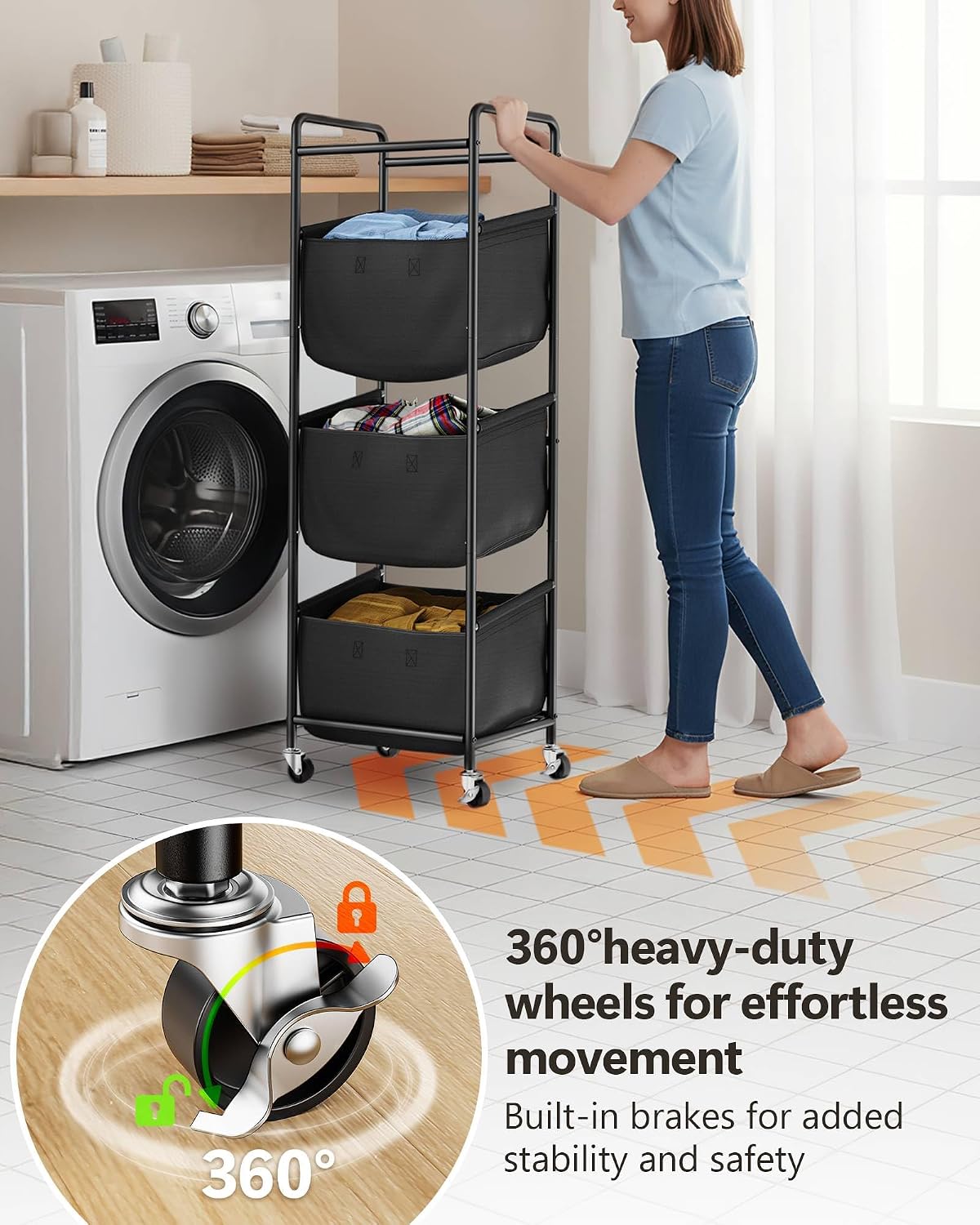 3 Section Laundry Sorter with Removable Bags, 120L Rolling Vertical Laundry Hamper, Stackable Laundry Baskets organizer for Bathroom, Apartment, Dorm (Beige, With Wheel)