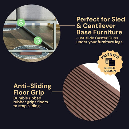 Non-Slip Furniture Pads - 4x4 in Brown, 4 Pack | Square rubber caster cups - anti-skid - Use for heavy sofas, beds & chairs on hardwood floors