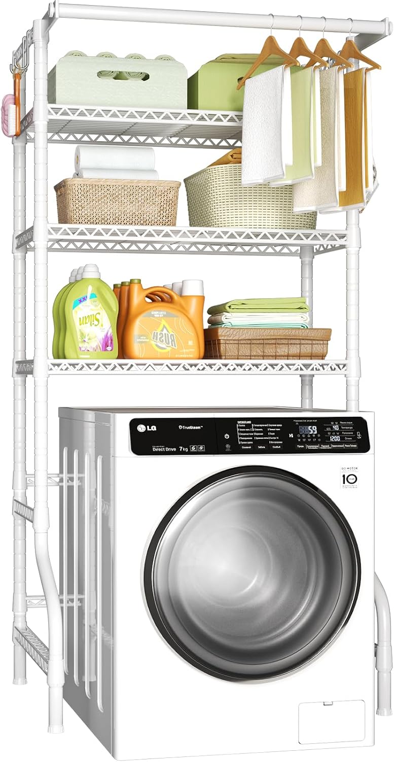 U11 Over Washer and Dryer Shelves, 3 Tiers Laundry Room Storage and Organizer Standing Shelf, Metal Freestanding Clothes Drying Rack, 33.9" W x 19.7" D x 77.6" H, Black
