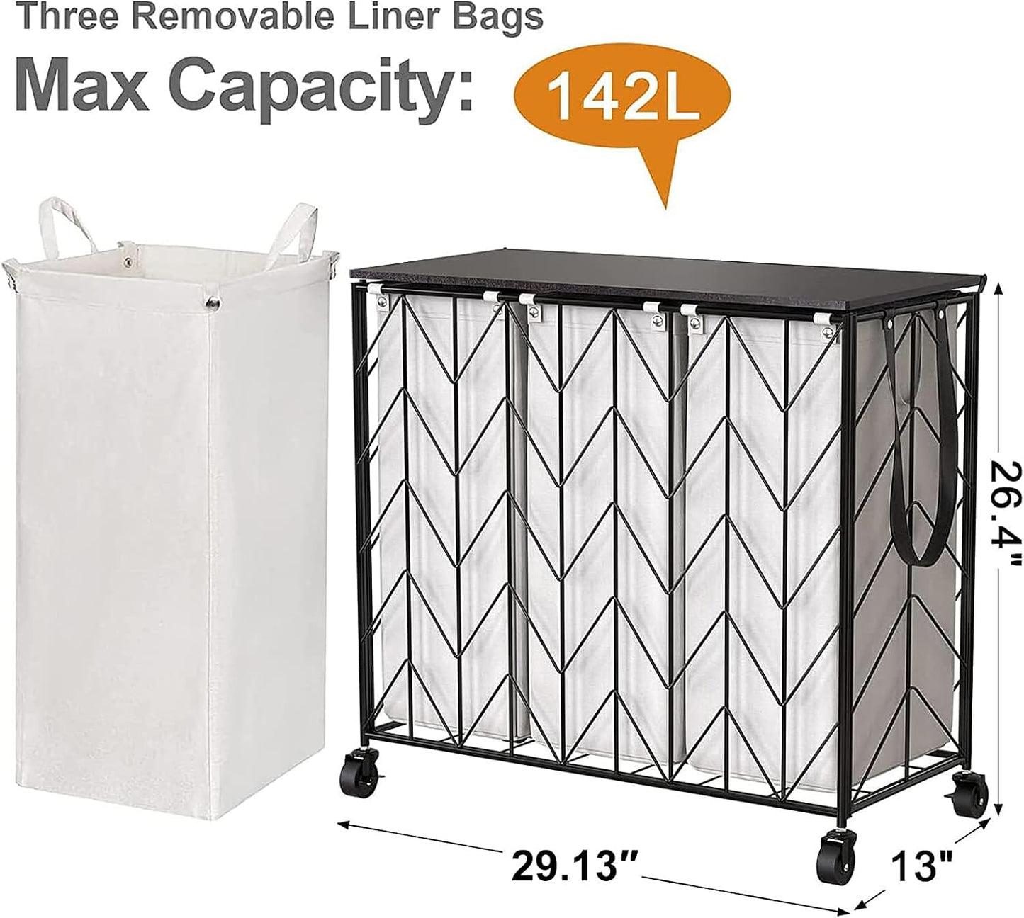 WOWLIVE Laundry Hamper 3 Section with Lid, 142L Laundry Basket with Wheels | Rolling Dirty Clothes Hamper with Removable Bags, Large Iron-Made Laundry Basket Organizer Laundry Sorter for Dorm, Beige