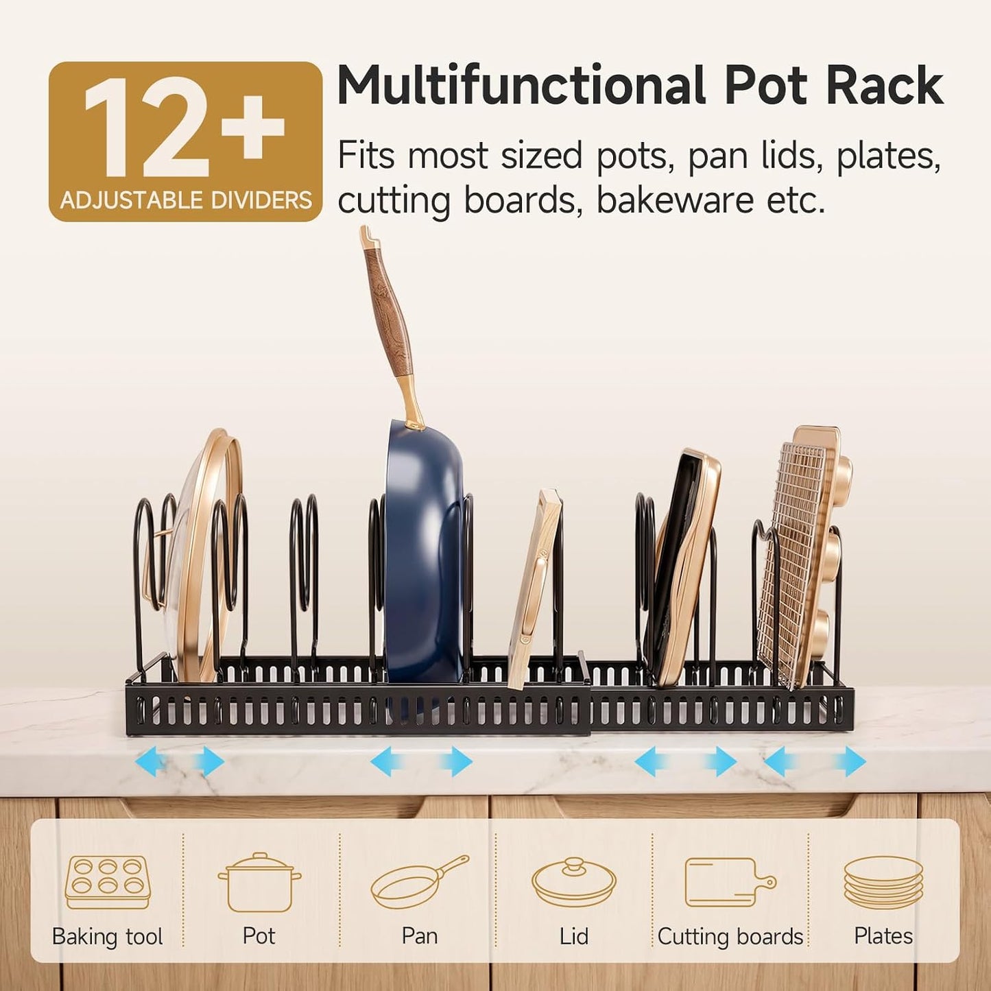 MUDEELA Pot Lid Organizer for Cabinet, Adjustable Baking Pan Rack 7 Slots | 7 Adjustable Divider, Tool-Free Assembly,Non-Slip, Scratch-Proof, Sturdy Metal Frame, For Pan Lid Cutting Board Bakeware